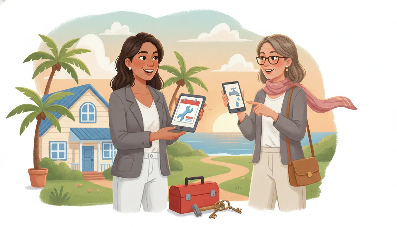 Colorful illustration of a rental manager coordinating property maintenance with an owner