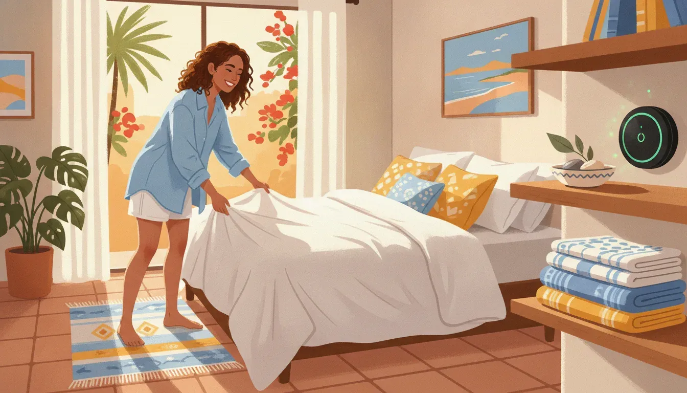 Property owner preparing a bright Southern California guest suite with fresh bedding and a smart lock
