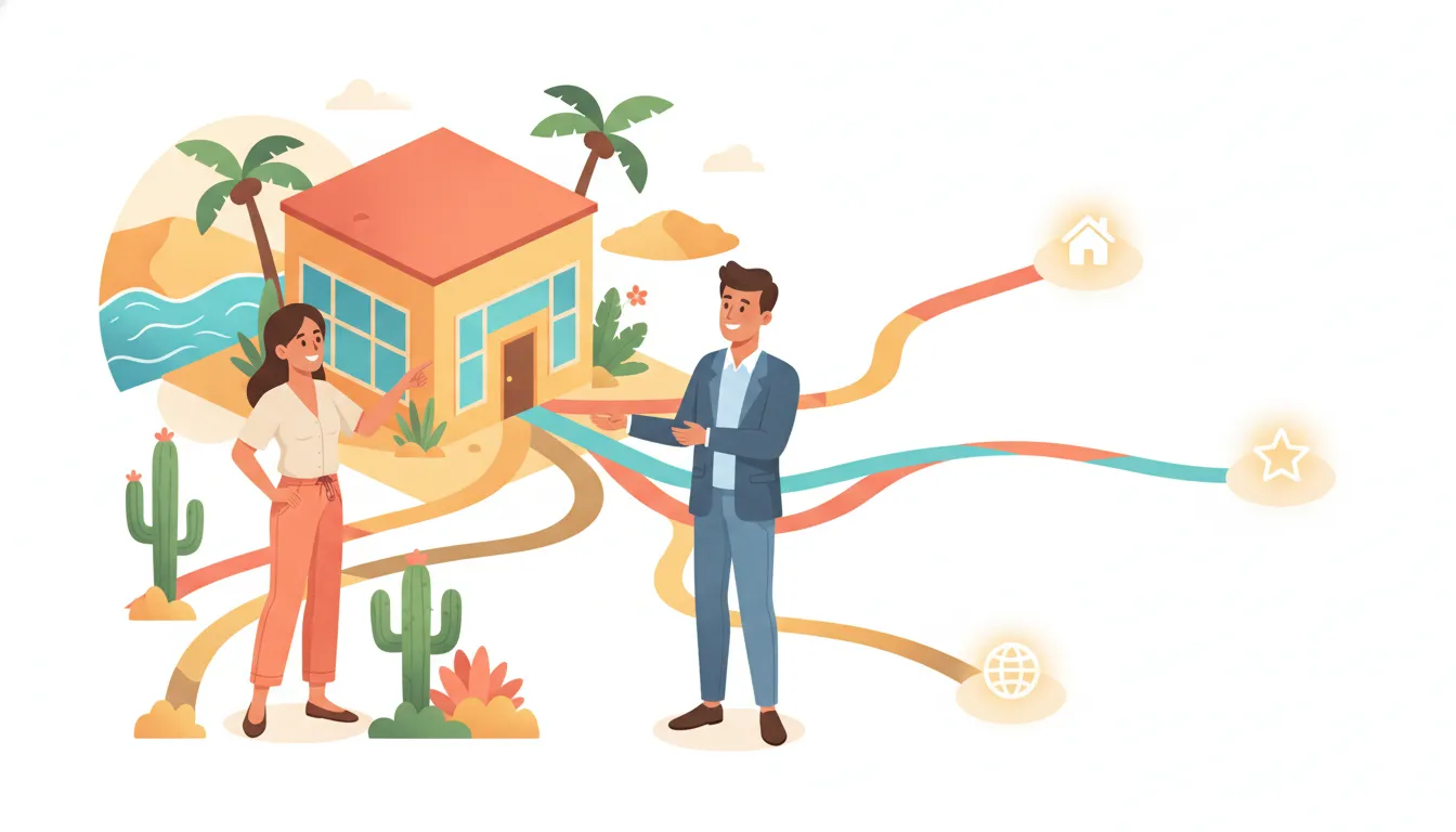 Colorful illustration of a Southern California owner comparing short term rental platforms
