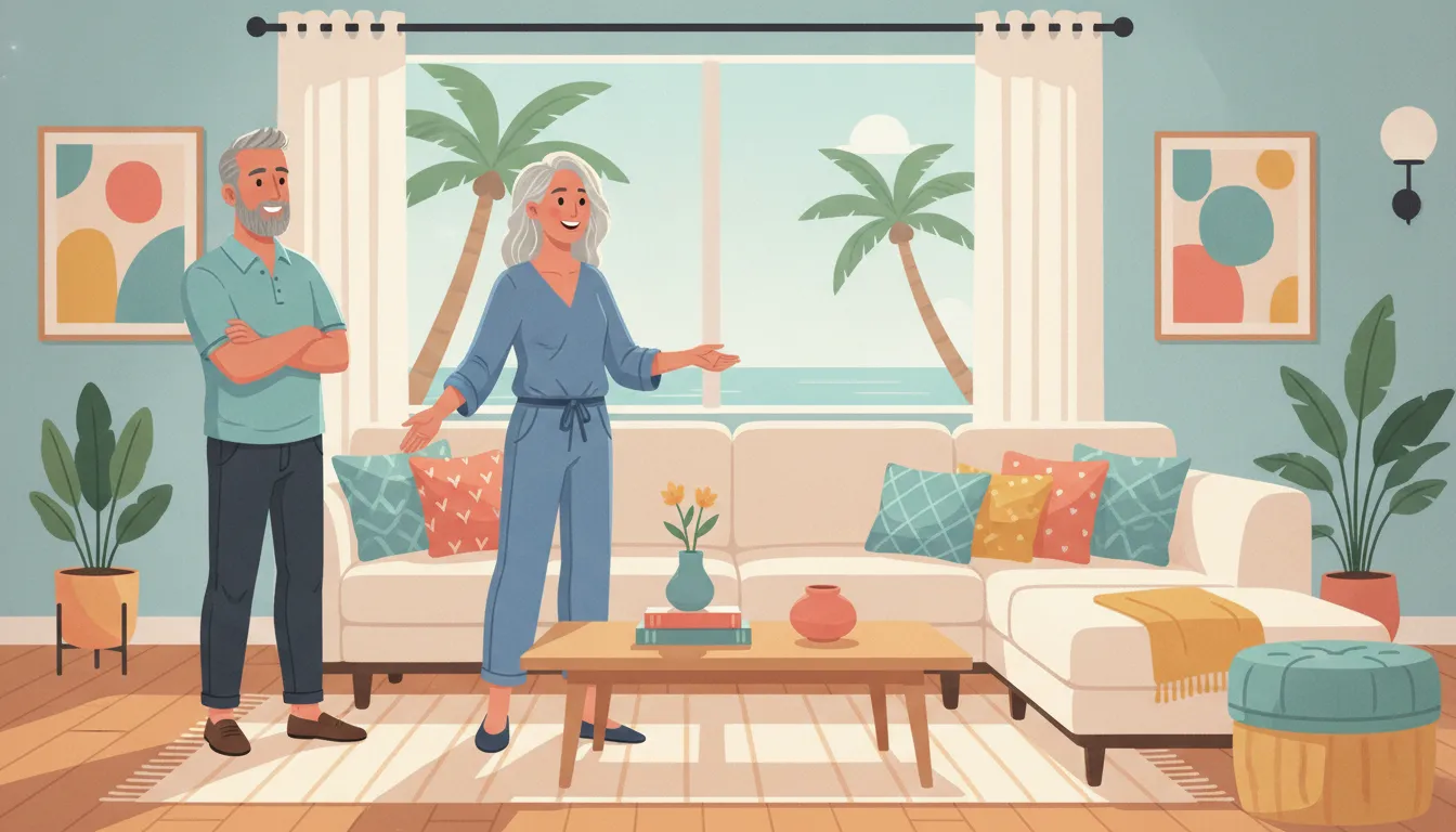 Colorful illustration of a Southern California rental manager preparing a welcoming vacation home
