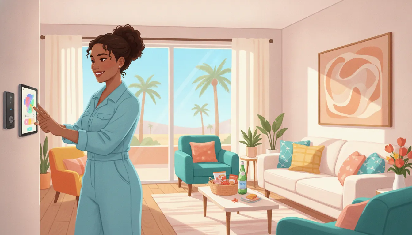 Colorful illustration of a property manager preparing a Southern California rental for guests