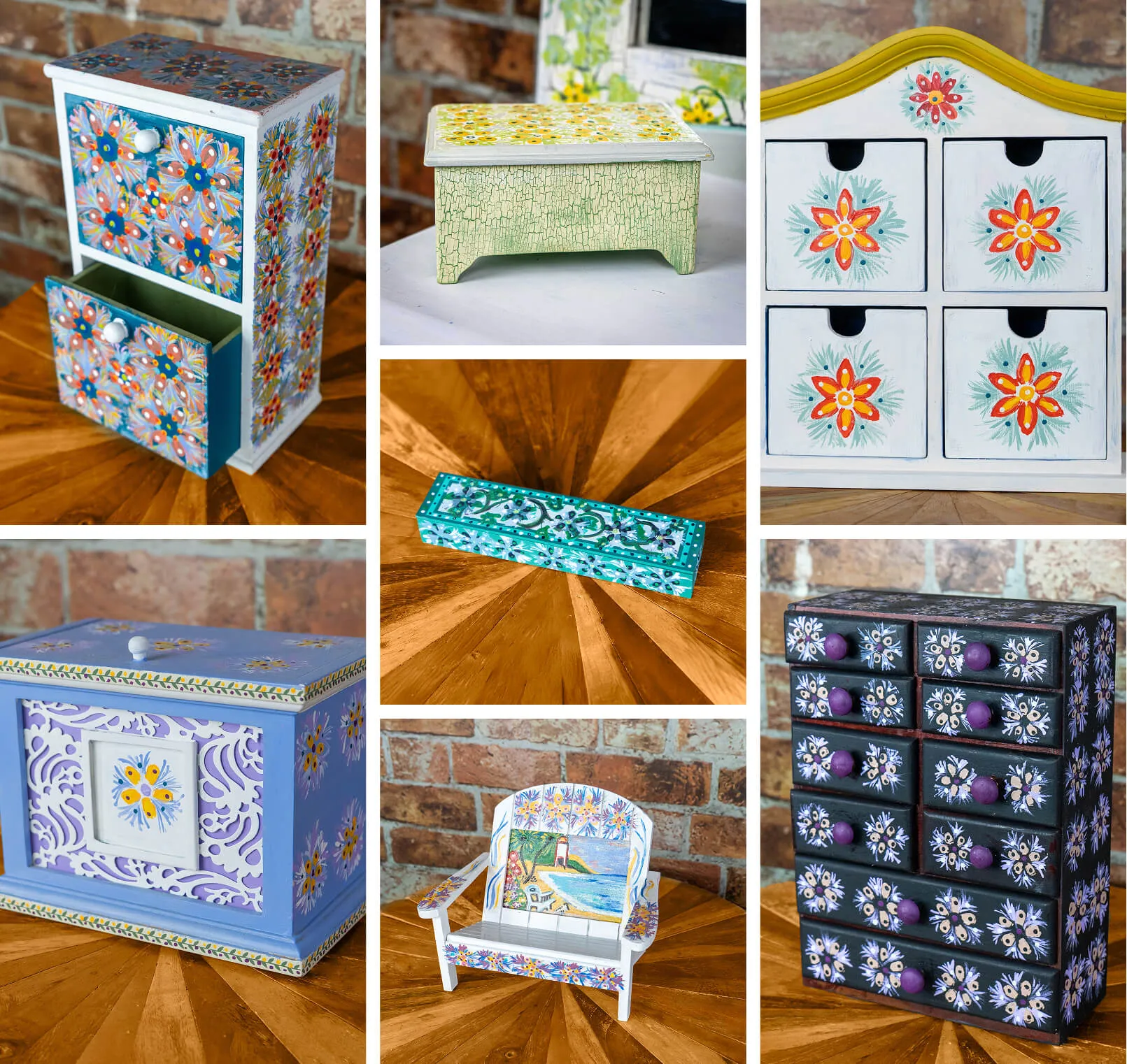 Collage of six hand-painted decorative wooden boxes and a small chair featuring floral and seaside designs on wooden surfaces with brick background.