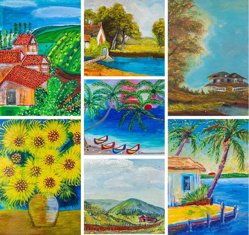 Collage of vibrant paintings showing rural houses, landscapes with trees, palm trees on a beach with colorful boats, and a vase of bright yellow sunflowers.