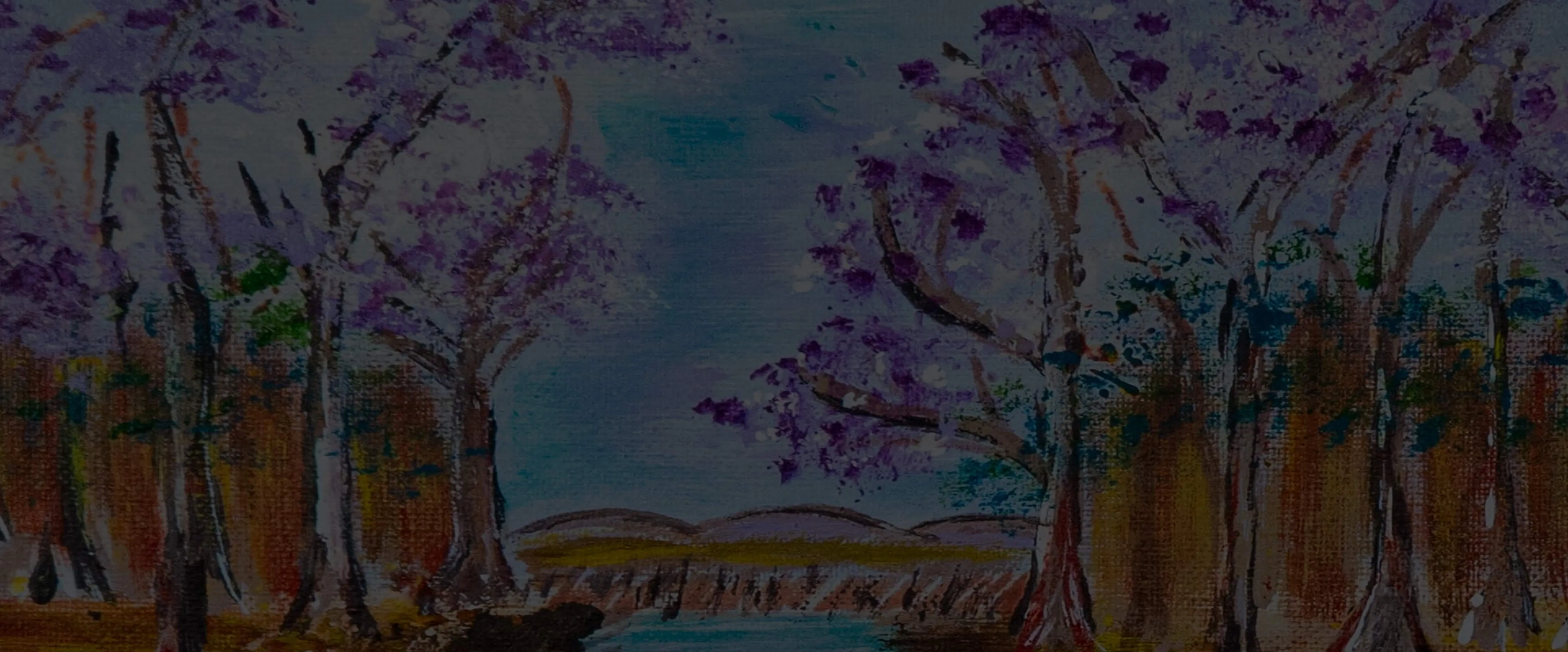Impressionist-style painting of trees with purple blossoms surrounding a calm river under a blue sky.