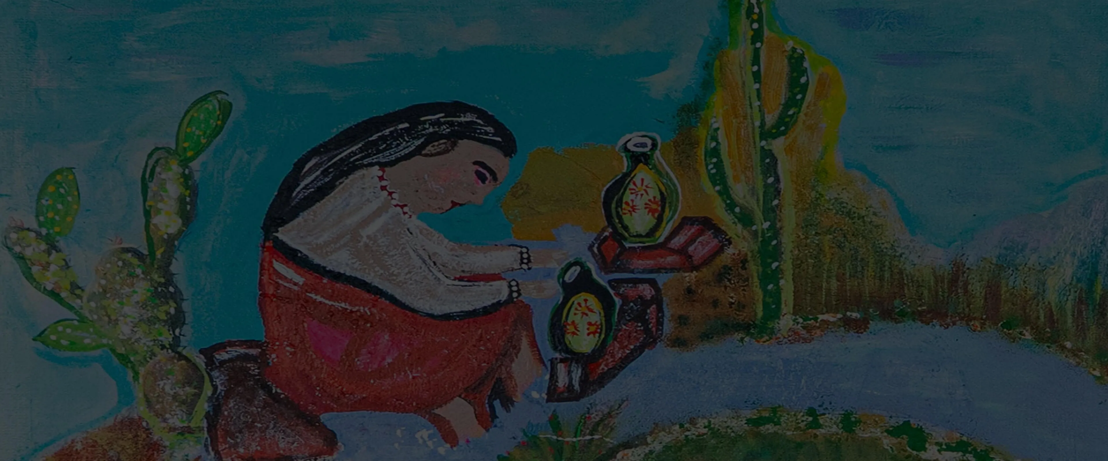 Folk art painting of a woman in traditional clothing seated by a stream with cactus plants and decorated pottery.
