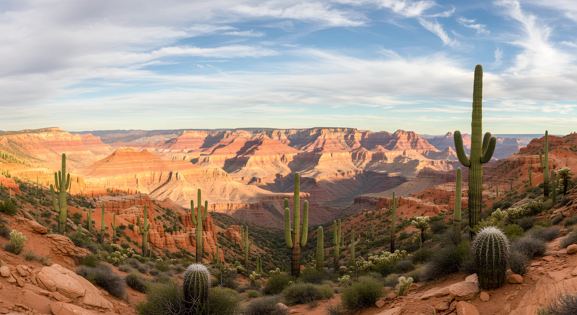 Panoramic view of the Grand Canyon with tall saguaro cacti and desert vegetation in the foreground under a partly cloudy blue sky.