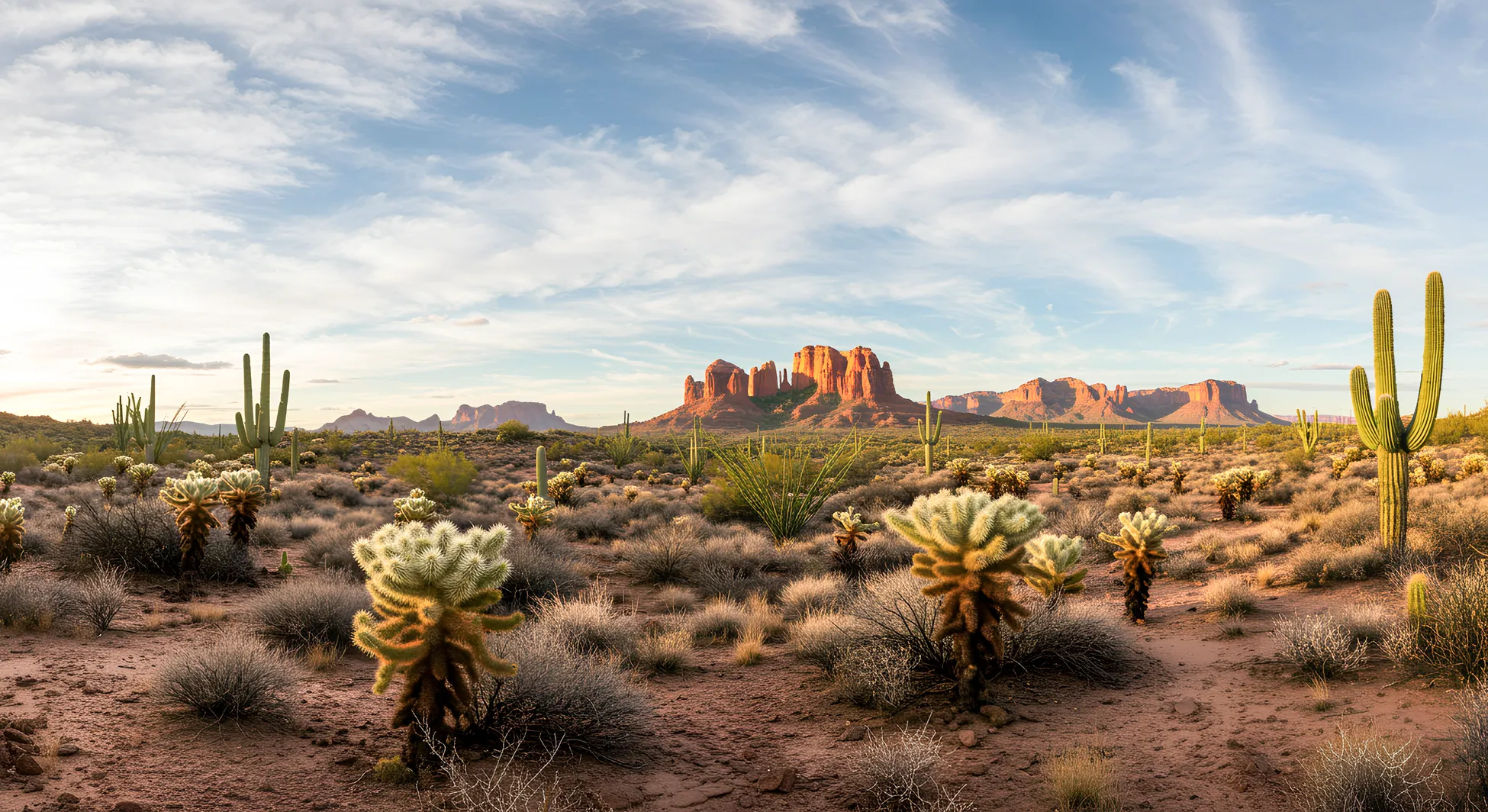 Desert landscape with various cacti and rocky red mountains under a partly cloudy sky during sunset.
