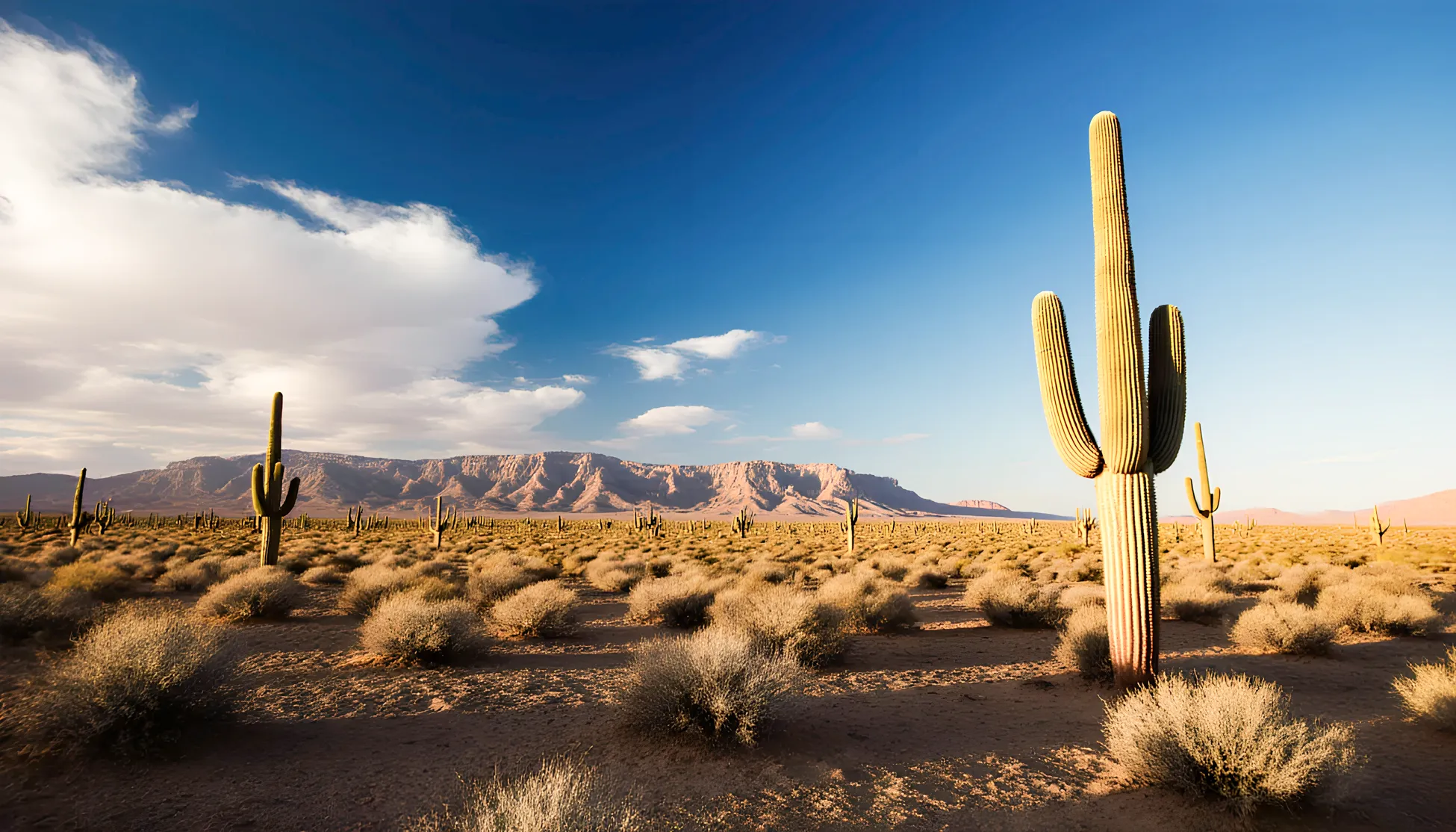 Desert landscape with tall saguaro cacti and sparse shrubs under a blue sky with scattered clouds.