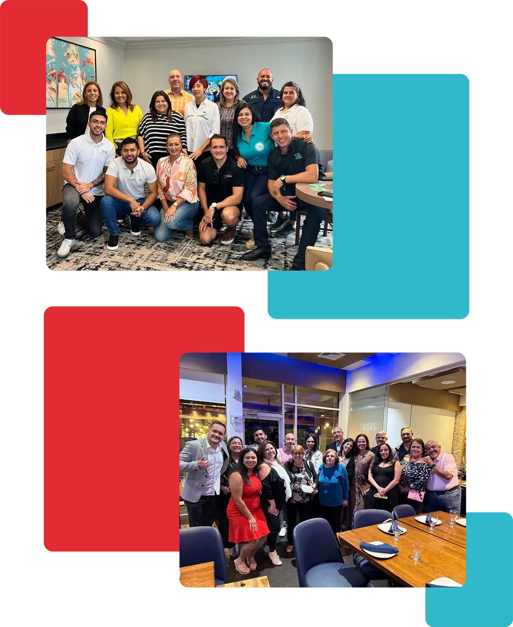 Encuentros presenciales de un grupo de networking en español para emprendedores y negocios latinos en Miami, mostrando a miembros de la comunidad compartiendo en eventos corporativos y sociales.
