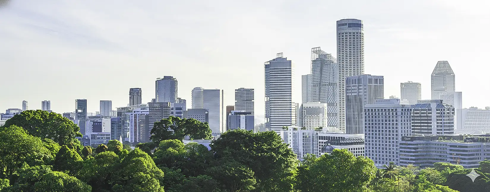 Modern city skyline surrounded by lush greenery, representing sustainable commercial construction and property management excellence in Florida.