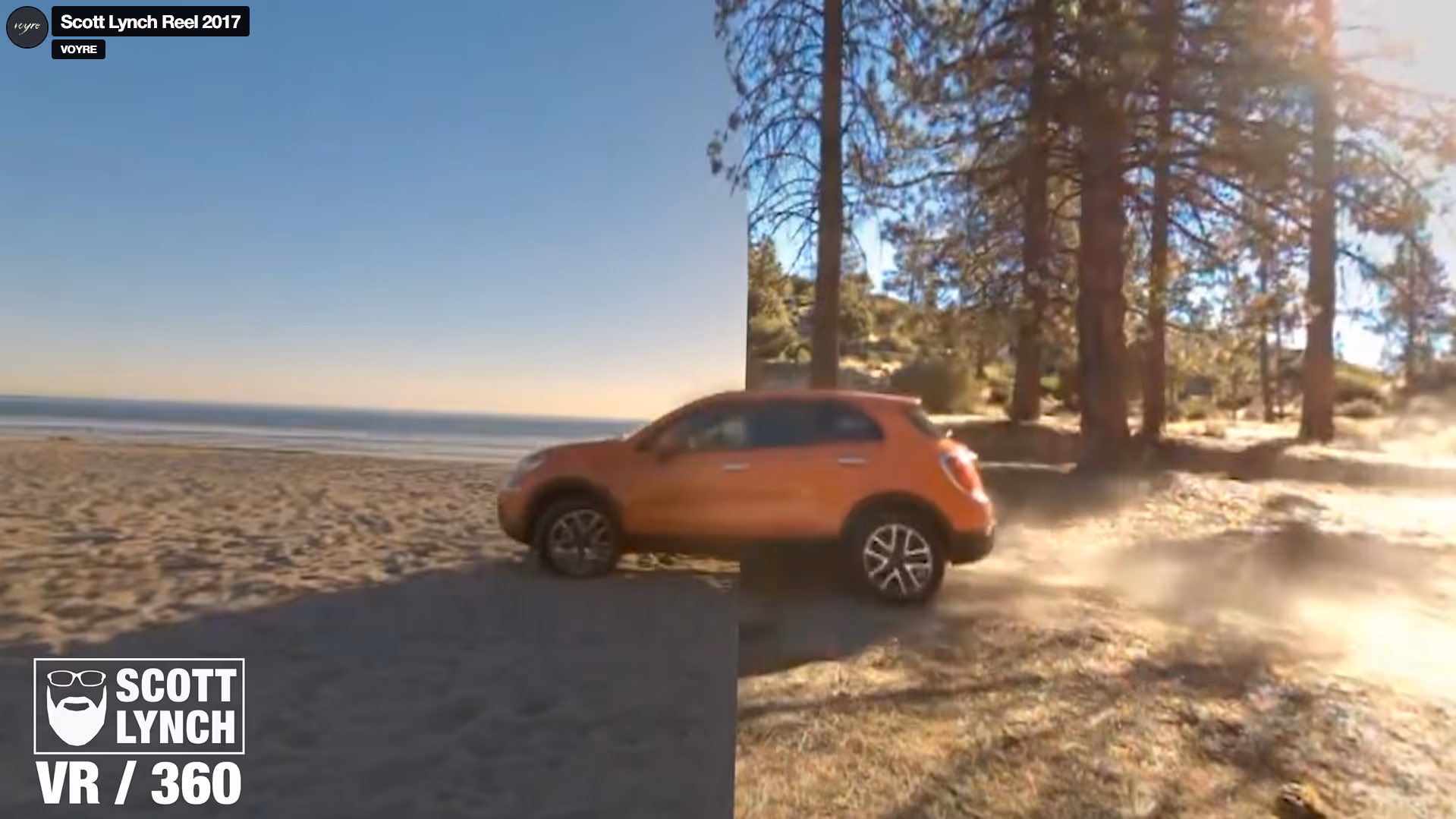 Orange SUV driving on a sandy beach on the left and a dusty forest path with pine trees on the right, split-screen view.