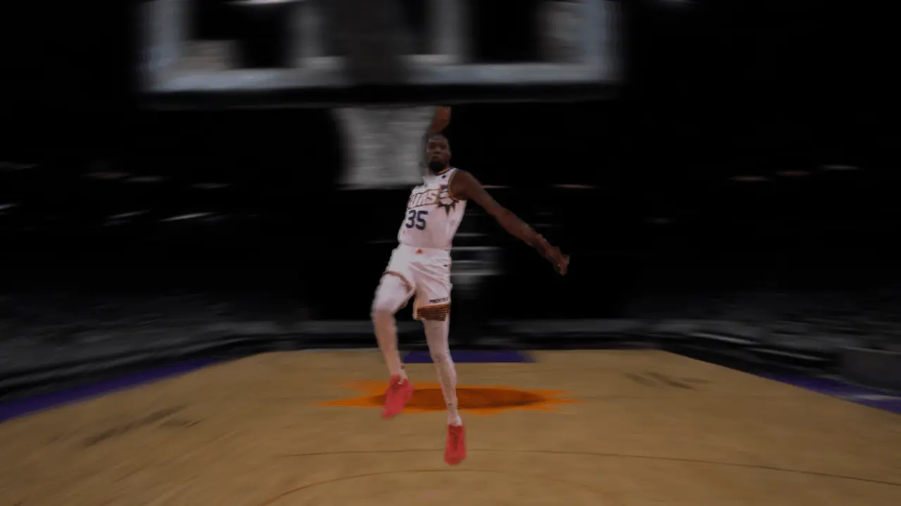 Basketball player in white uniform mid-air about to dunk a basketball on the court.