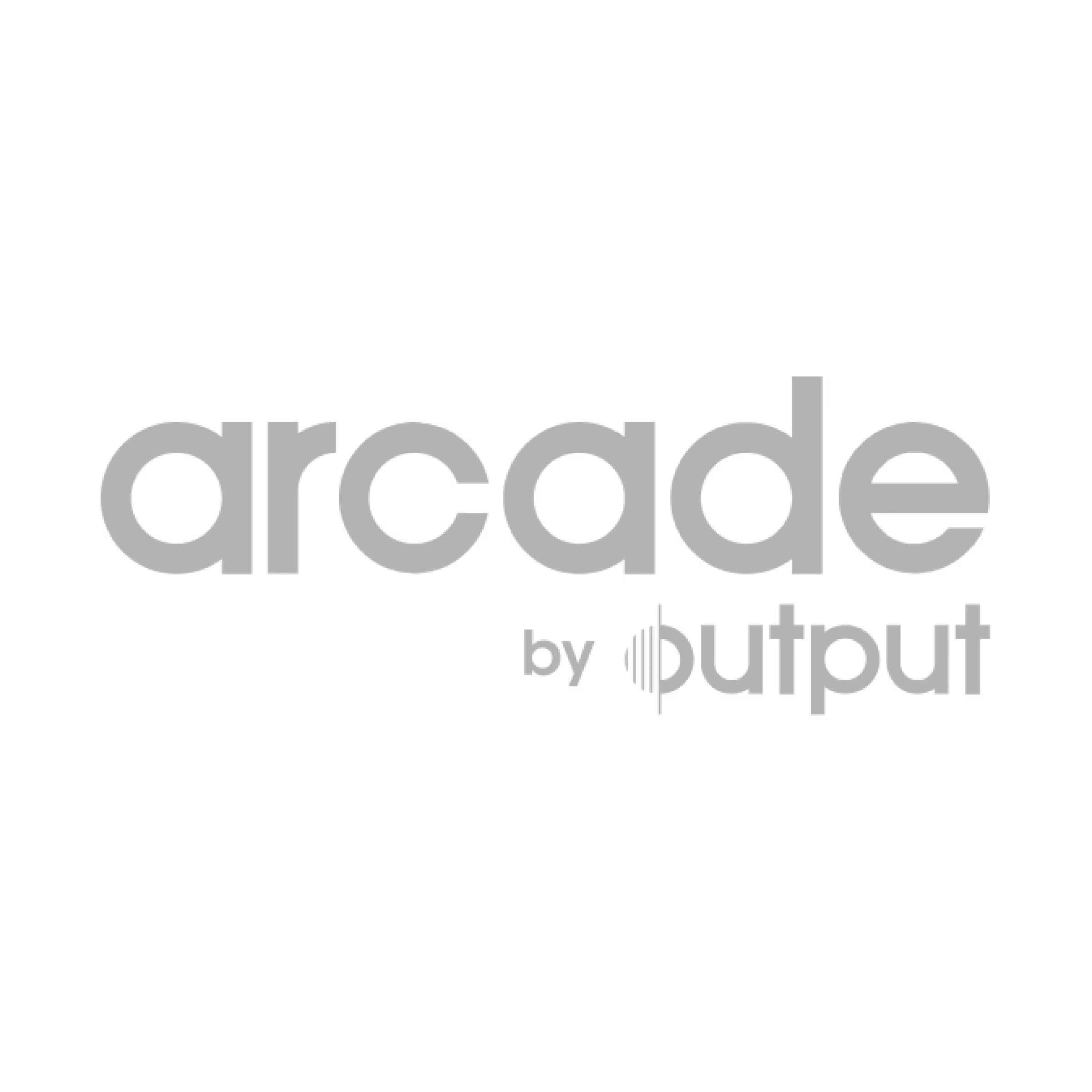 "arcade" text logo with "by output" underneath, featuring a stylized 'o' with vertical lines.