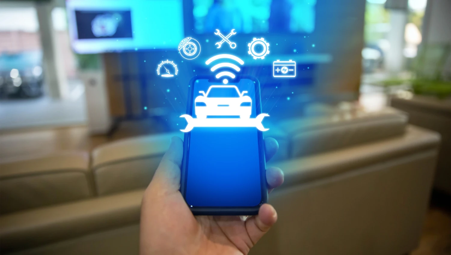 A person holding a smartphone displaying a glowing car icon with a wrench, surrounded by digital symbols representing fleet management technology