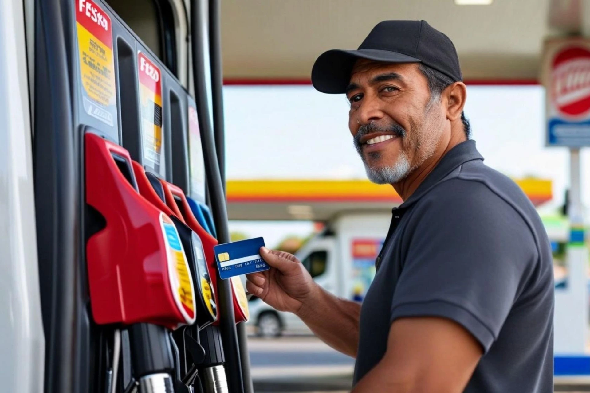 A truck driver pays for gas with a fleet card