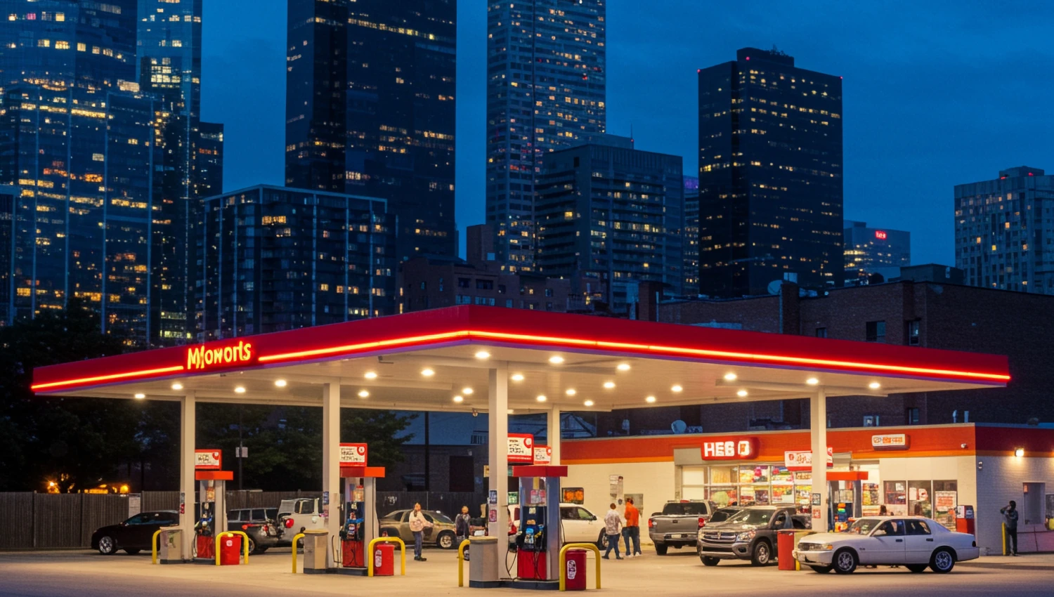 A gas station lit up at night