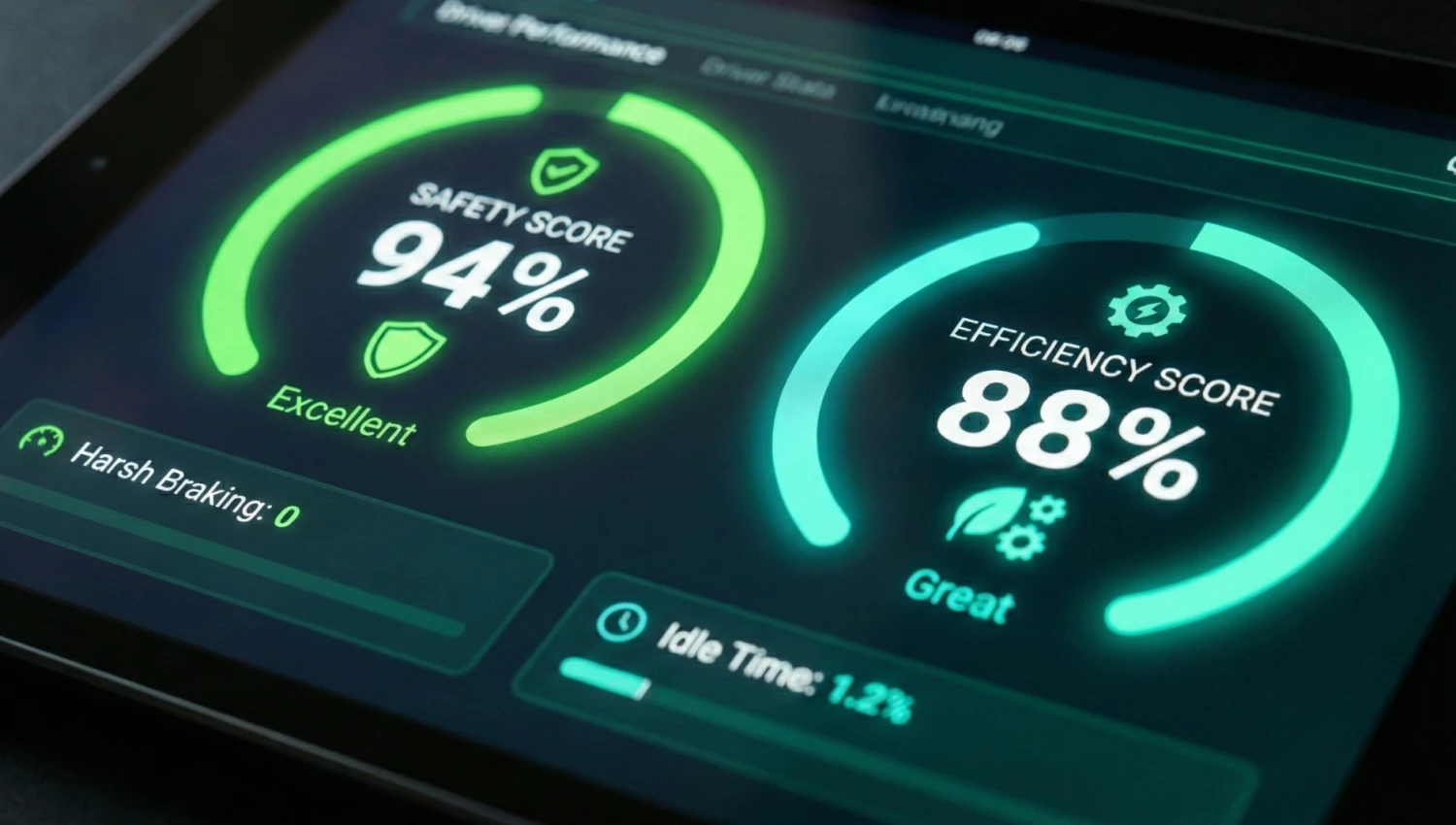 Digital dashboard showing driver safety scores and fuel efficiency metrics