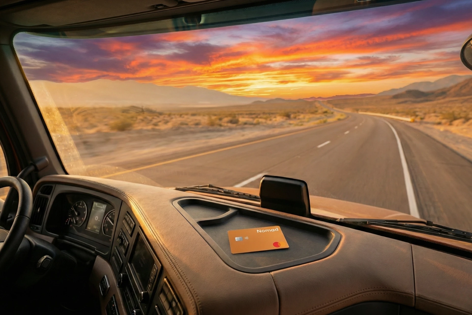 A view from inside a truck cab, looking out at a sunset over a desert road, with a Nomad fuel card resting on the dashboard