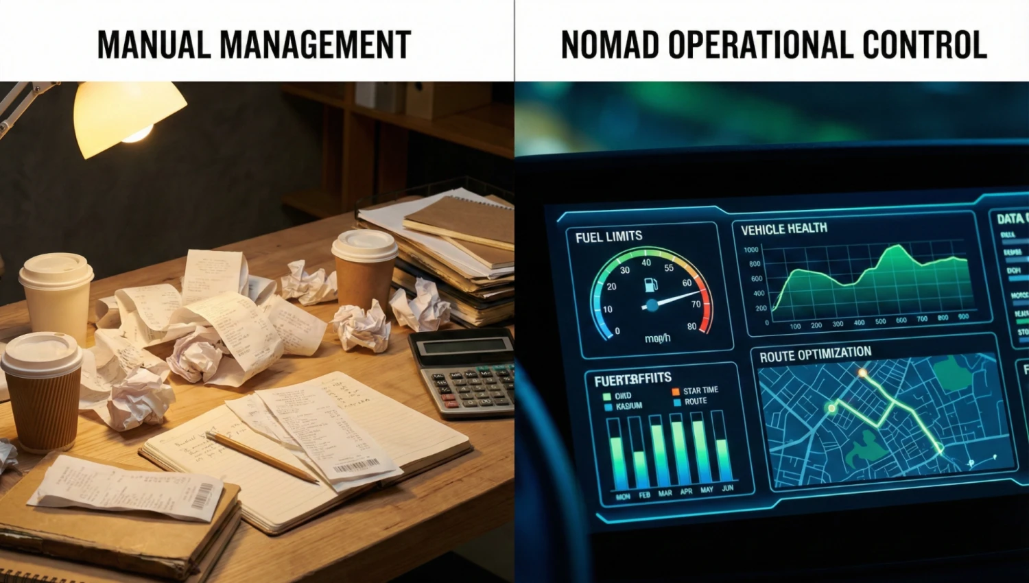 A side-by-side comparison showing the clutter of manual receipt tracking versus the clean efficiency of a digital fuel management dashboard