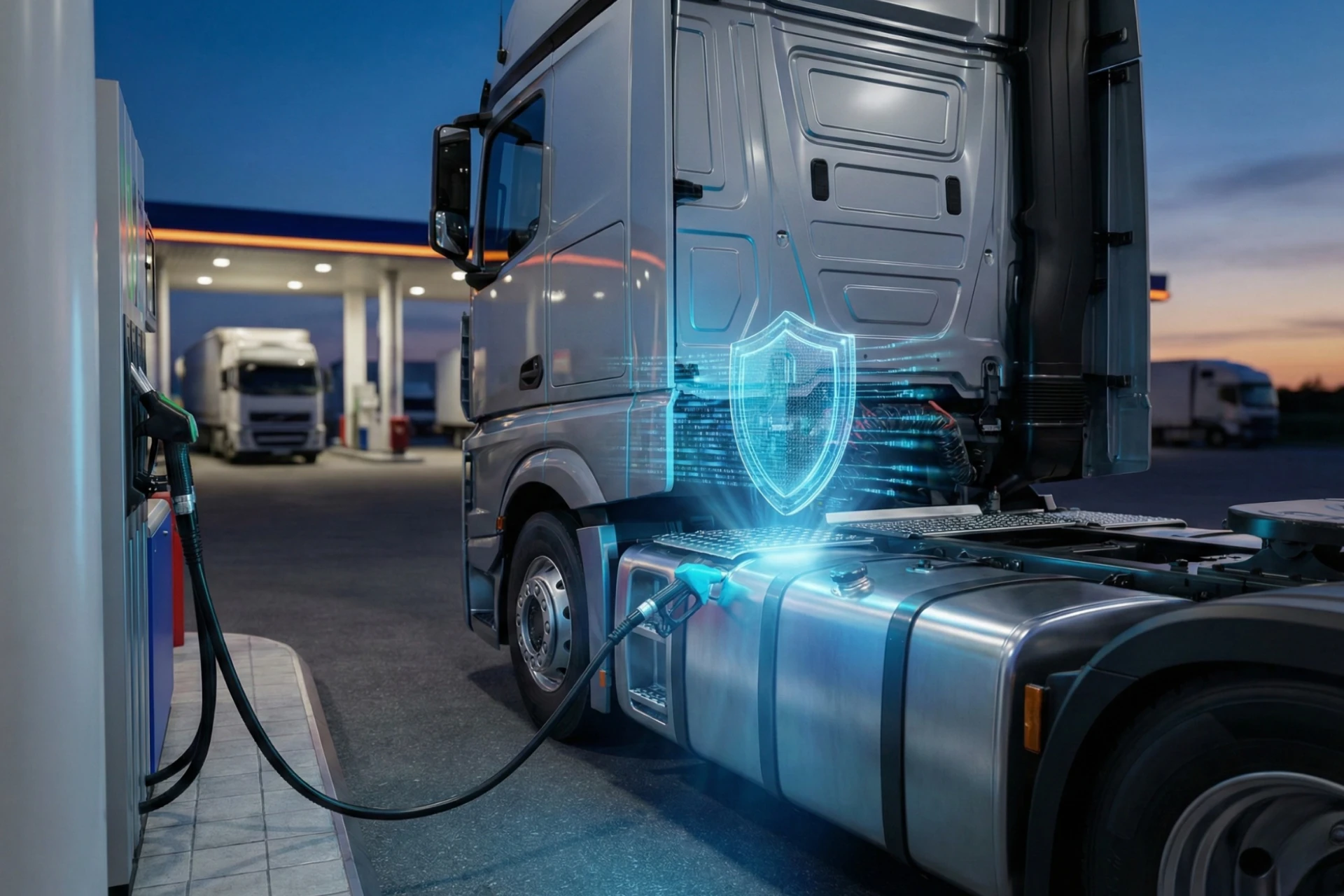 A large semi-truck at a fuel station pump during evening hours with digital security icons