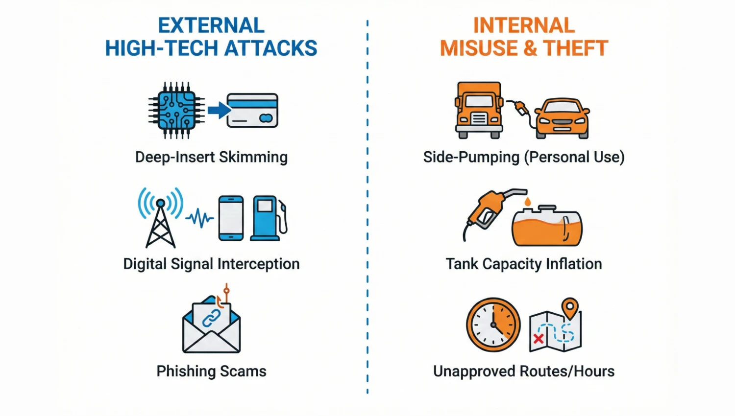 Side-by-side comparison of external high-tech attacks and internal misuse & theft in fleets 
