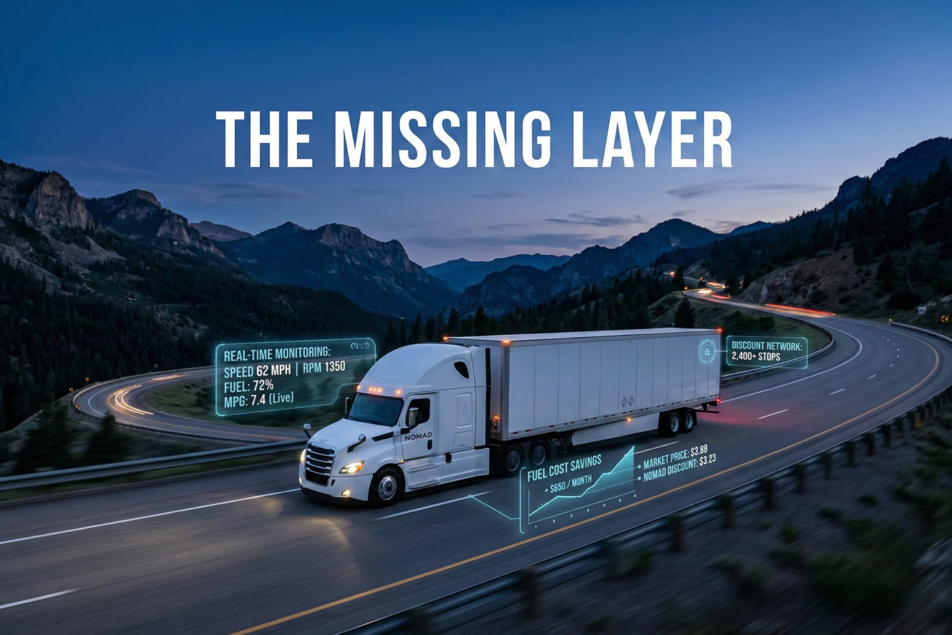  A modern transport truck on a highway with digital data overlays representing fuel intelligence technology