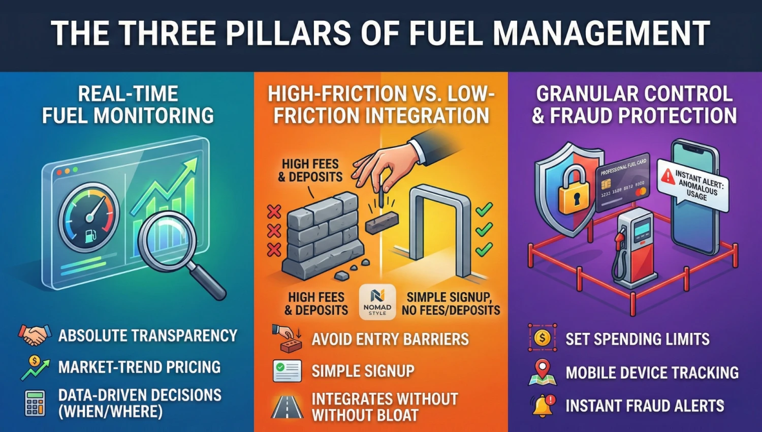  The three pillars of fuel management: real-time monitoring, low-friction integration, and granular control & fraud protection