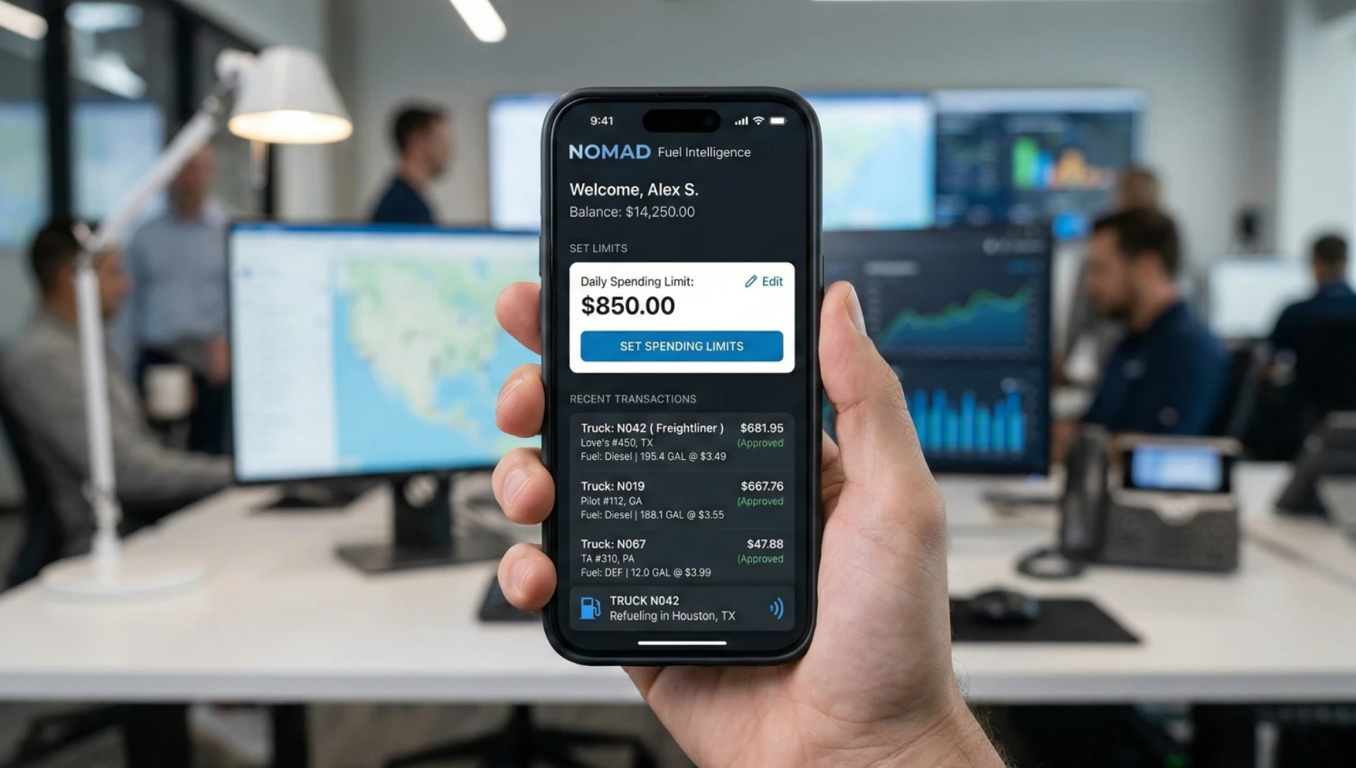  A mobile app interface showing real-time fuel spending limits and transaction alerts.