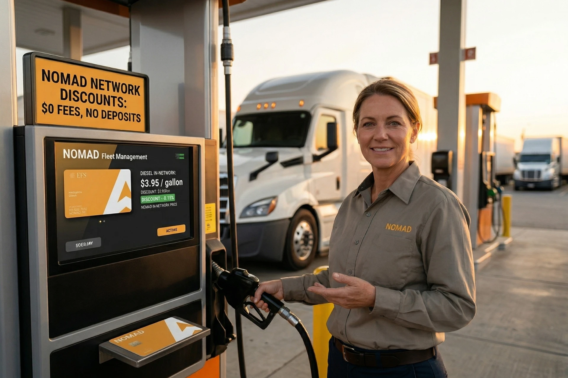 A female truck driver stands next to her semi-truck at a fueling station, smiling while refueling during the late afternoon.