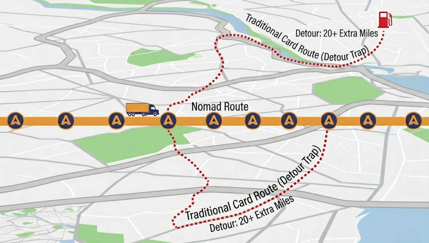 A map infographic showing an optimized route with numerous accepted fuel stops and a truck driving straight, contrasted by a winding red dotted line labeled 'Detour Trap'