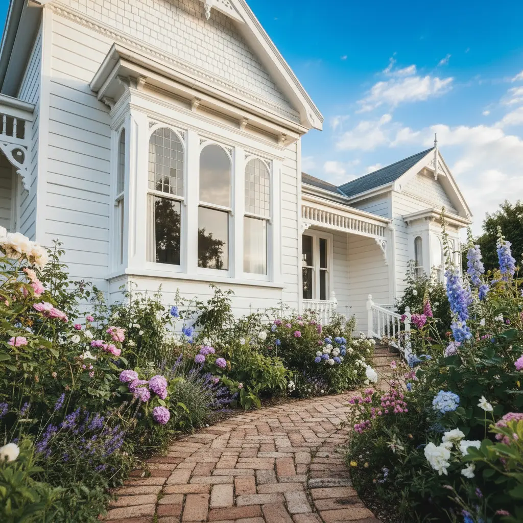 Single-story cream villa with garden in full bloom