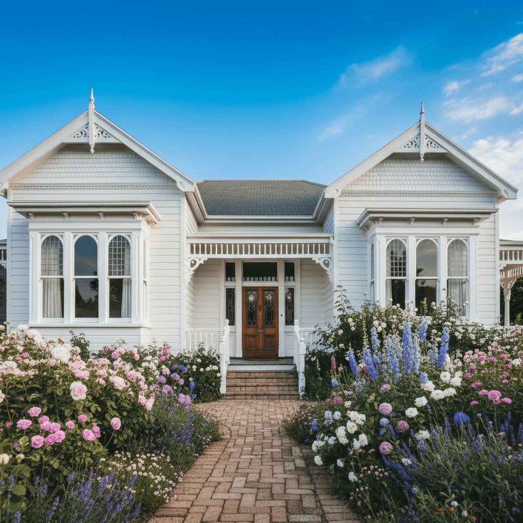 Charming weatherboard cottage with front garden in bloom