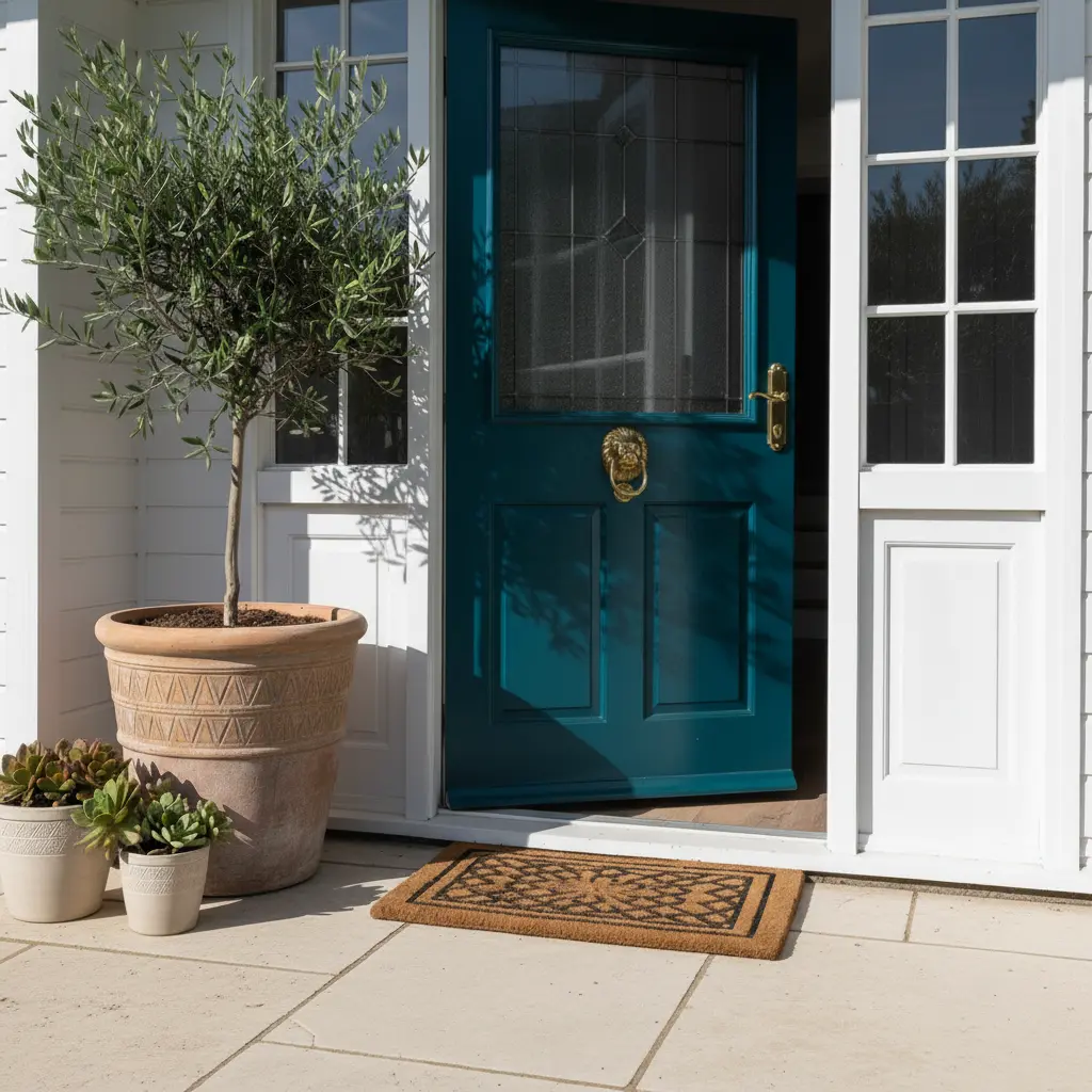 White heritage home front porch with teal door ajar