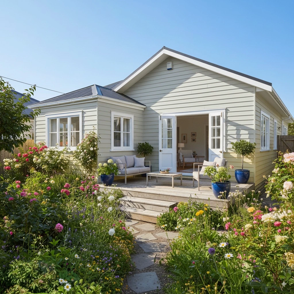 Single-story weatherboard home with garden in full bloom.