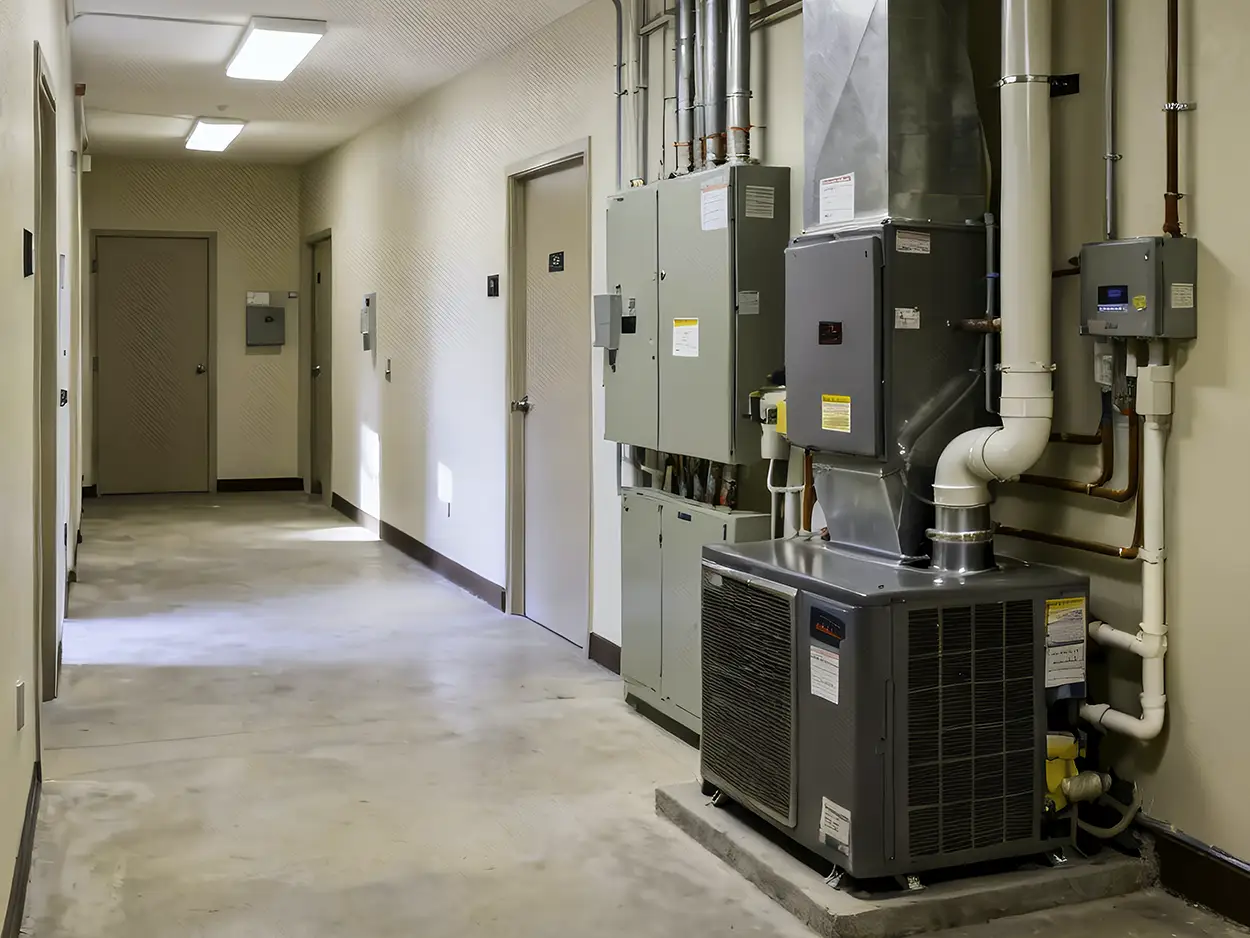 Commercial property mechanical room with completed HVAC and electrical system repairs, showcasing clean and fully operational building maintenance work