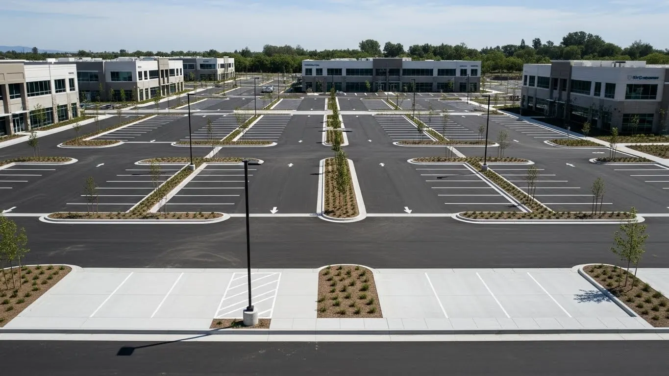 Completed commercial parking lot with new asphalt, concrete sections, and striping, clean and finished.