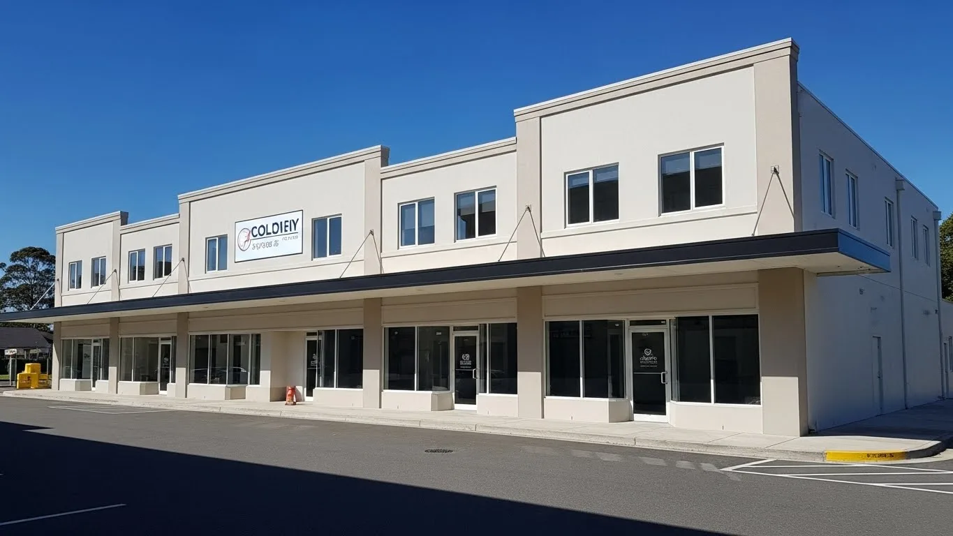 Commercial building exterior fully restored after compliance and specialty repairs, clean and finished