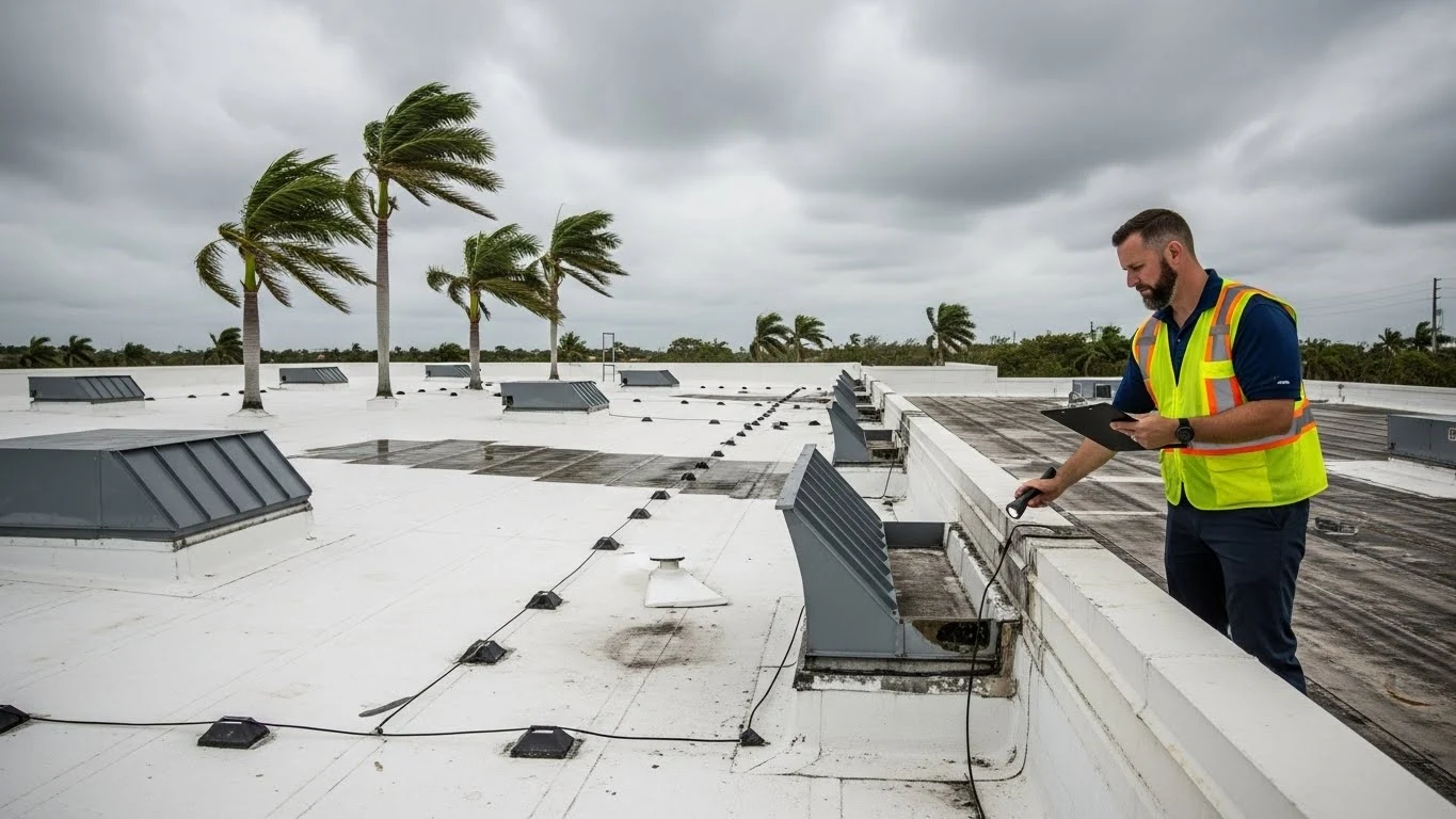 Hurricane-season commercial property inspection in South Florida with roof and structural evaluation.