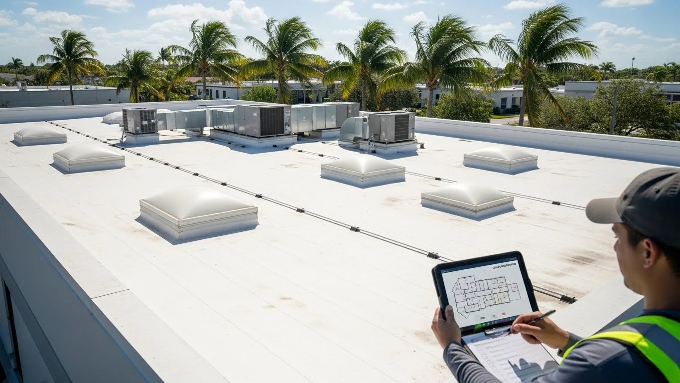 Commercial roof asset management inspection on a South Florida commercial building.