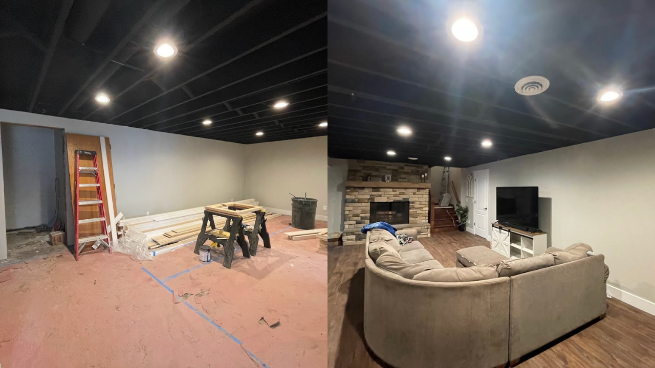 Basement remodel before and after