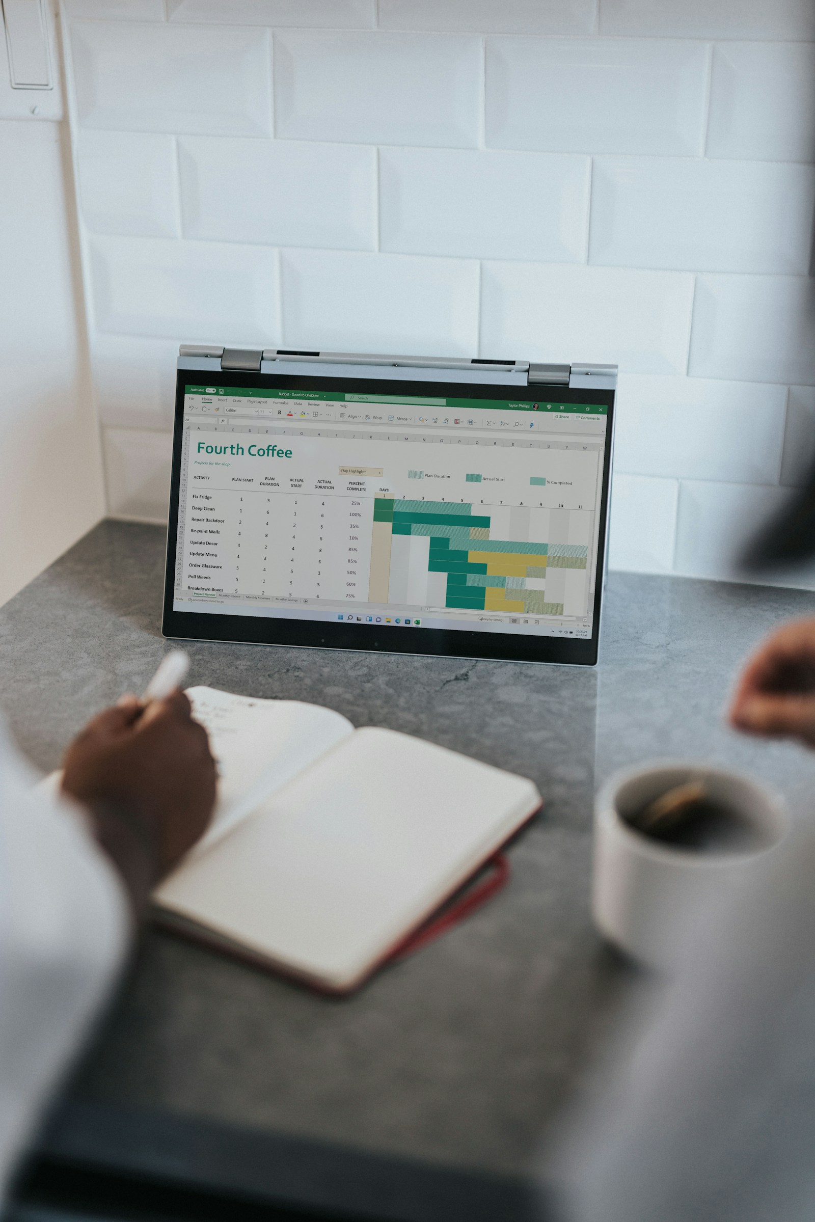 Laptop med tidplan i kalkylark bredvid en anteckningsbok och en kopp