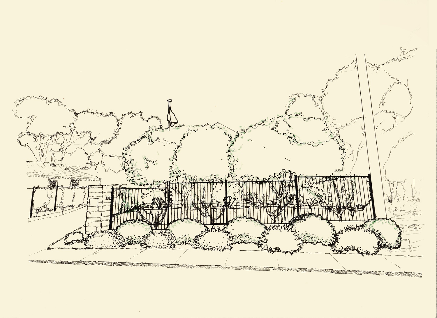 Black ink sketch of a front yard with a sidewalk, a black metal fence with vertical bars, neatly trimmed round bushes in front of it, several trees behind the fence, a stone pillar on the left side of the fence, and a utility pole on the right.