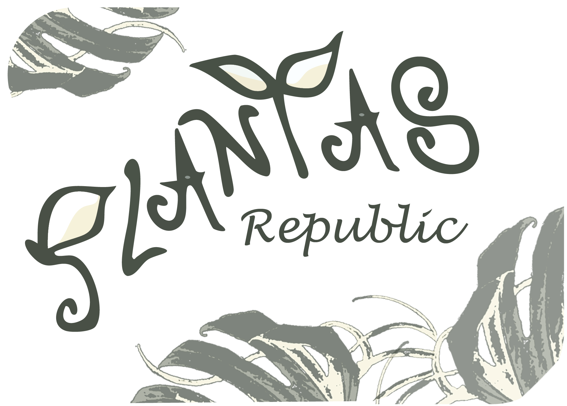 Stylized text reading 'PLANTAS Republic' with the first word featuring decorative leaves integrated into the letters and tropical leaf designs in the corners.