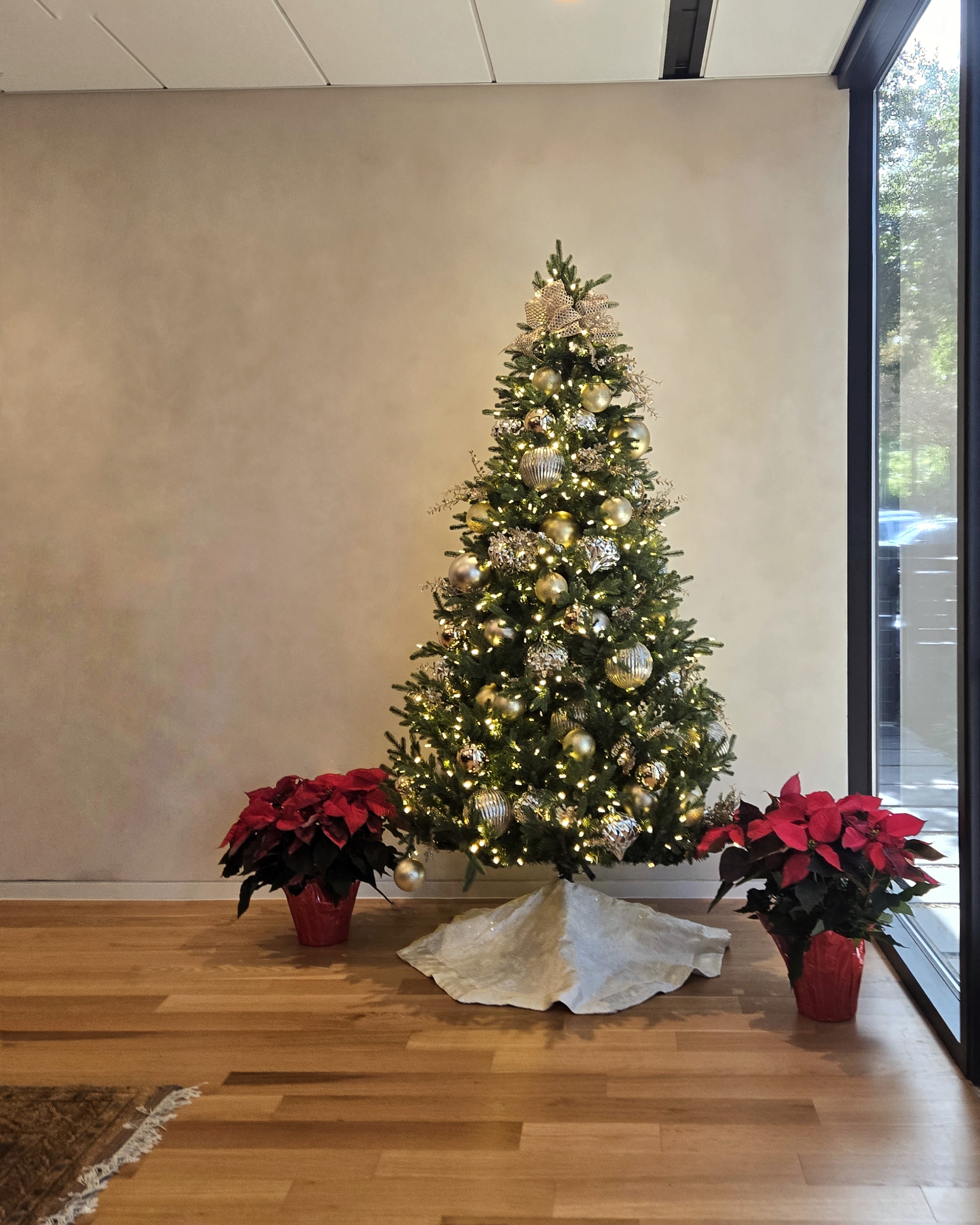 Decorated Christmas tree with gold and silver ornaments and white lights, flanked by two red poinsettia plants in red pots, set on a wooden floor near a glass window.