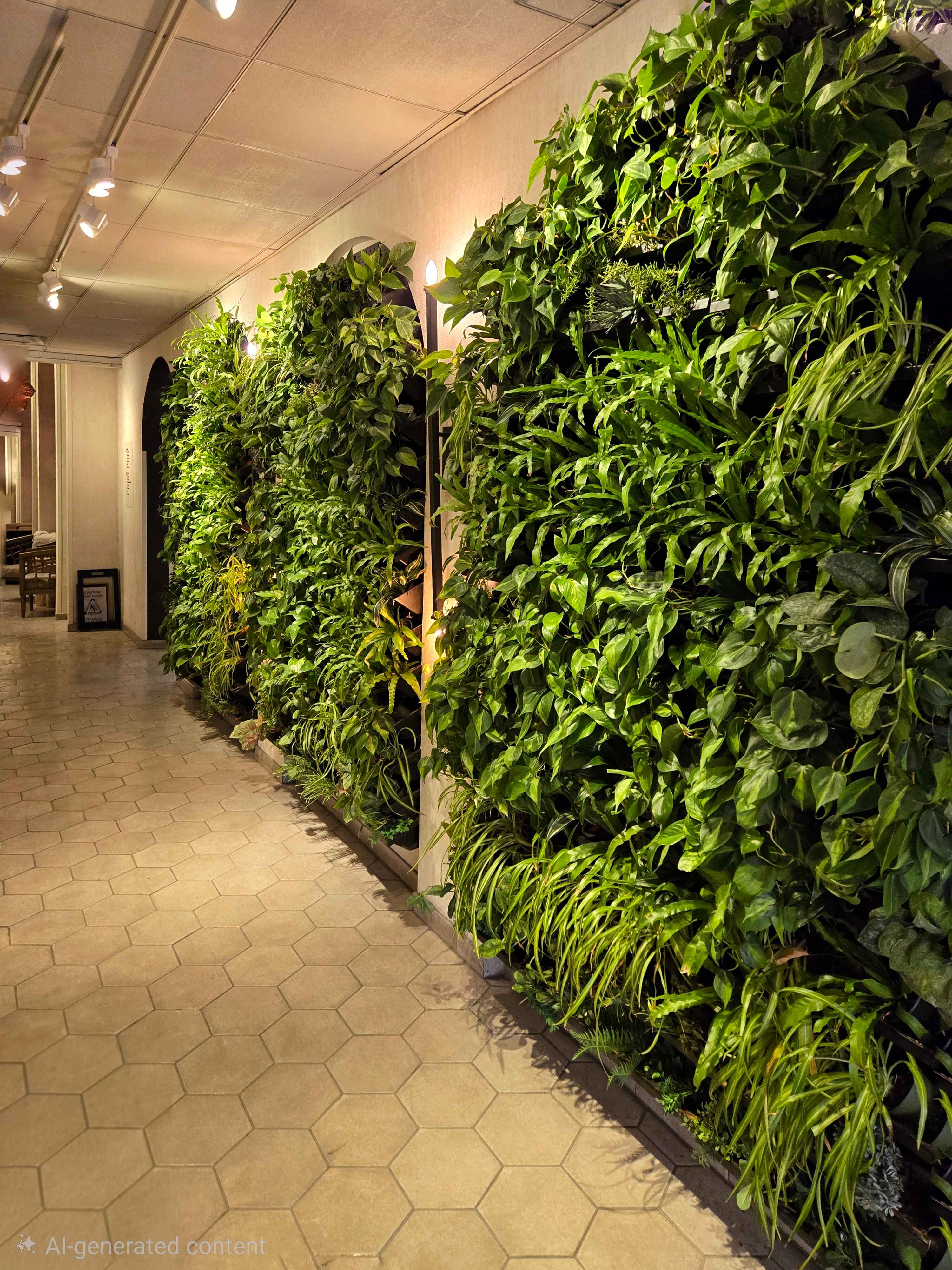 Indoor hallway with tall vertical plant walls filled with lush green foliage on the right side and hexagonal tiled floor extending down the corridor with warm lighting above.