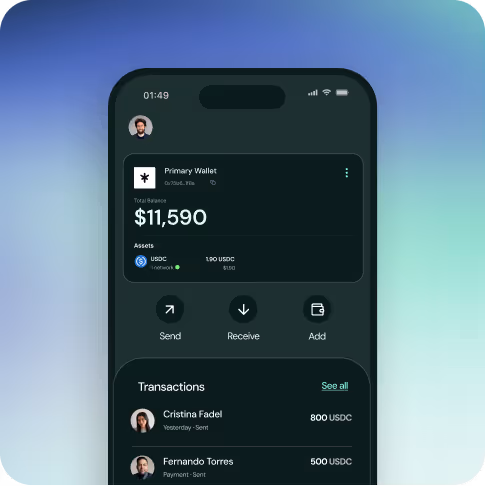 Mobile screen showing a digital wallet app with a $11,590 balance, options to send, receive, add funds, and recent transactions with Cristina Fadel and Fernando Torres.