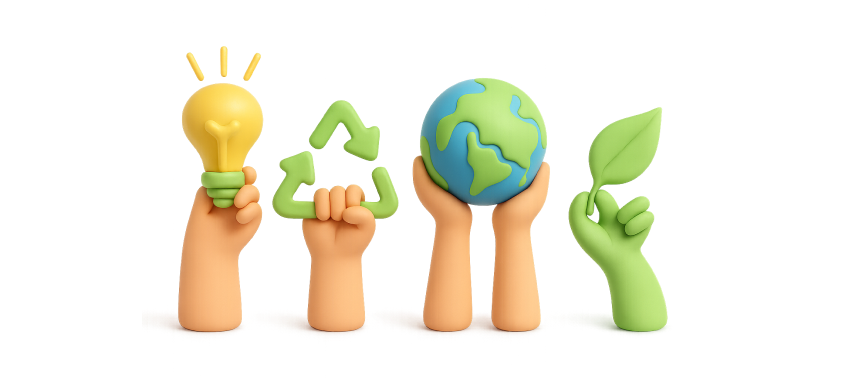Four hands holding eco-friendly symbols: a glowing light bulb, a green recycling symbol, a globe, and a green hand holding a leaf.