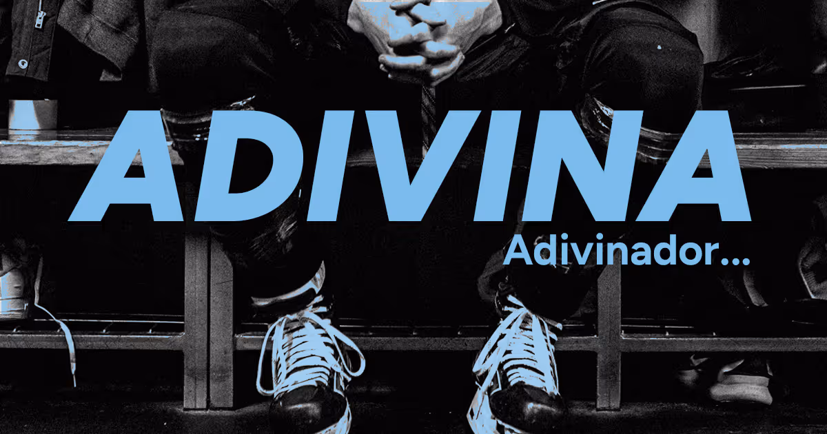Imagen de medio cuerpo de un jugador de hockey en el vestidor y el texto "Adivina adivinador..."