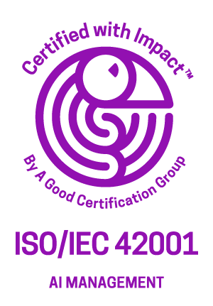 Purple circular logo with text: Certified with Impact, ISO 42001, AI Management, by A Good Certification Group.