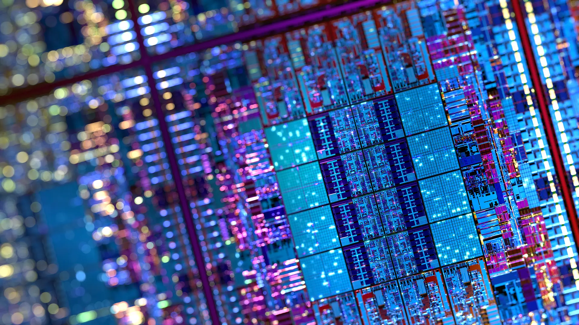 Close-up of a colorful microchip circuit board with blue, purple, and red components.